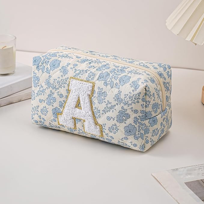 JOVAKIT Alphabet Makeup Bag Cosmetic Bag for Women, Christmas Gifts for Girls Age 6-18, Floral Flowers Coquette Travel Toiletry Zipper Make Up Pouch Organizer Trendy Stuff (Blue Floral A)