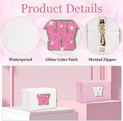 Small Personalized Glitter Initial Letter Makeup Bag, Cute PU Leather Chenille Letters Cosmetic Bag Travel Makeup Pouch, Preppy Travel Organizer Zipper Pouch for Women&Girls（WhiteRosePink-W）