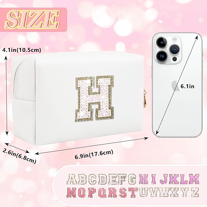 Personalized Initial Letter Makeup Bag, Small Glitter Letter Patch Cosmetic Pouch Zipper, Preppy Makeup Organizer PU Waterproof Travel Toiletry Bag, Monogrammed Birthday Gift for Women Girls