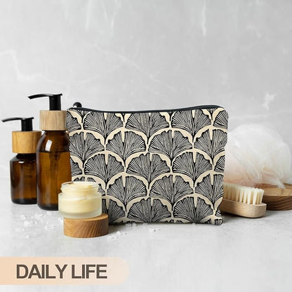 Abstract Black and Beige Makeup Bag, Art Deco Feather Palm Botanical Cosmetic Bags for Women, Mid Century Modern Art Zipper Makeup Pouch