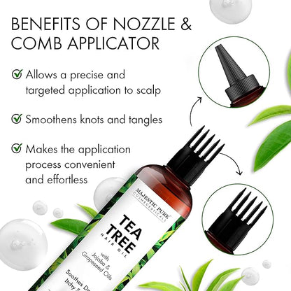 Majestic Pure 100% Pure Tea Tree Oil For Hair Growth - Strengthening, Nourishing, Volumizing - Infused with Jojoba Oil & Grapeseed Oil - Non GMO Verified - 6.7 Fl Oz
