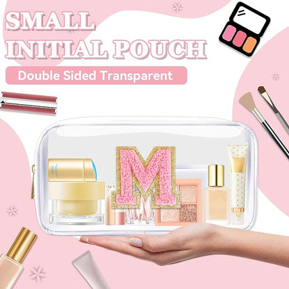 Small Clear Personalized Initial Makeup Bag,Nylon Preppy A-Z Chenille Letter Patch Cosmetic Pouch Beach Toiletry Bag,Waterproof Zipper Travel Purse Storage Bag Organizer for Women Girls(White-Pink M)