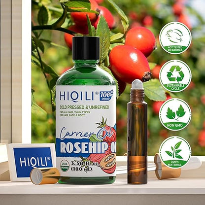 HIQILI 3.38 Fl Oz Organic Rosehip Seed Oil for Face, 100% Pure and Natural, Cold Pressed, Carrier Oil for Skin, Hair & Nails - Women & Men
