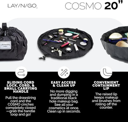 Lay-n-Go Cosmo Drawstring Cosmetic & Makeup Bag Organizer - Portable Drawstring Makeup Bag w/Zipper Pocket, Makeup Loops & More - Durable, Machine Washable Toiletry Bag (20", Comfort/White)