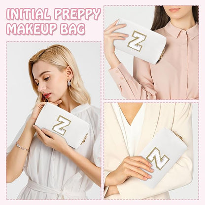 Small Initial Preppy Makeup Bag, Personalized Cute White Cosmetic Organizer Chenille Letter Travel Toiletry Zipper Pouch, Waterproof PU Leather Make Up Case Preppy Stuff for Women Teacher(Letter Z)