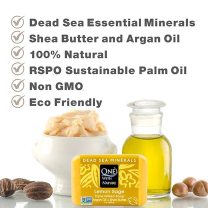 One With Nature Dead Sea Salt Lemon Sage Soap 4oz 3-Pack – Purifying and Exfoliating Soap Bar with Dead Sea Minerals for Face & Body, for Men & Women
