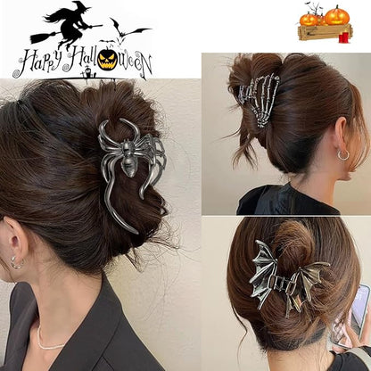 3 Pieces Large Metal Spider Net Bat Hand Hair Claw Clips for Women and Girls Thick Long Hair, Nonslip Skeleton Spooky Barrette Headband Hair Styling Accessories for Halloween Christmas Gifts