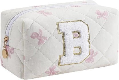 Gleyemor Personalized Initial Makeup Bag for Women, Cute Quilted Pink Floral Cotton Cosmetic Bag, Christmas Gifts for Her Mom Friend Sister Bridesmaid Teacher Women B