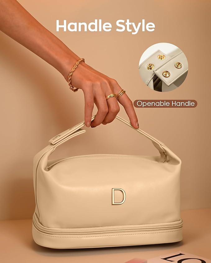 Personalized Makeup Bags， Personalized Bags with Handle, Waterproof Double Layer Cosmetic Bag, Large Capacity PU Leather Makeup Bags Letter Travel Toiletry Bag with Makeup Brush Organizer