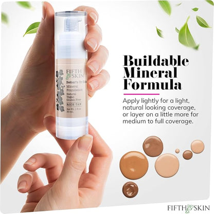 Fifth & Skin: Better’n Ur Skin Liquid Foundation (RICH TAN) - Natural, Organic, Vegan, Cruelty-Free - Gluten-Free Beauty with Buildable Coverage and Palm-Free Luxury - 1 oz