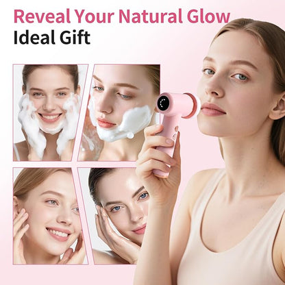 4 in 1 Facial Cleansing Brush, Multi Function Electrical Face Wash, Brush IPX6 Waterproof Portable Face Scrubber, 5 Speed Adjustable, 2 Rotation Directions Adjustable, Gift for Women Men (Pink)