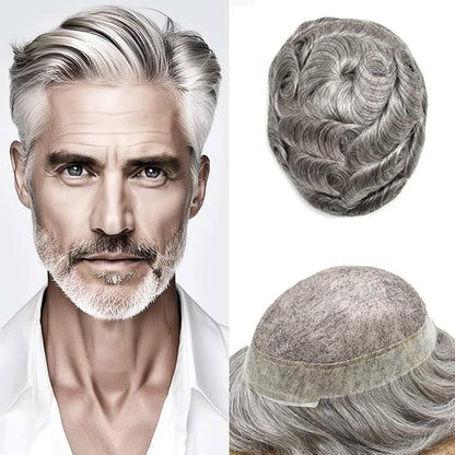 Toupee for Men French Lace Center Human Hair Replacement Systems Transparent Lace with PU Around Hair Piece Mens Toupee Hair Units for Man V-Looped Front Male Hair Prosthesis 7"X9" #60RY