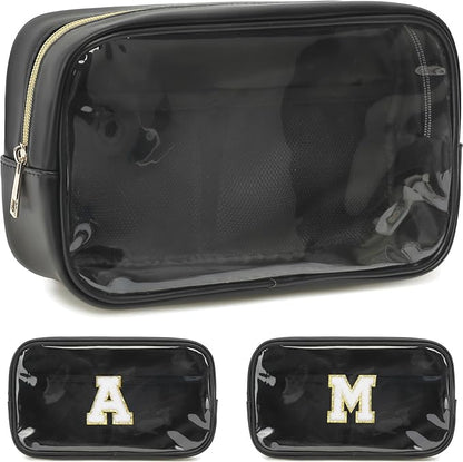 Clear Makeup Bag with 2 Customizable Chenille Letters - Waterproof PU Leather Cosmetic Case, Large Personalized Toiletry Pouch for Women & Teens, Ideal for Travel & Gift