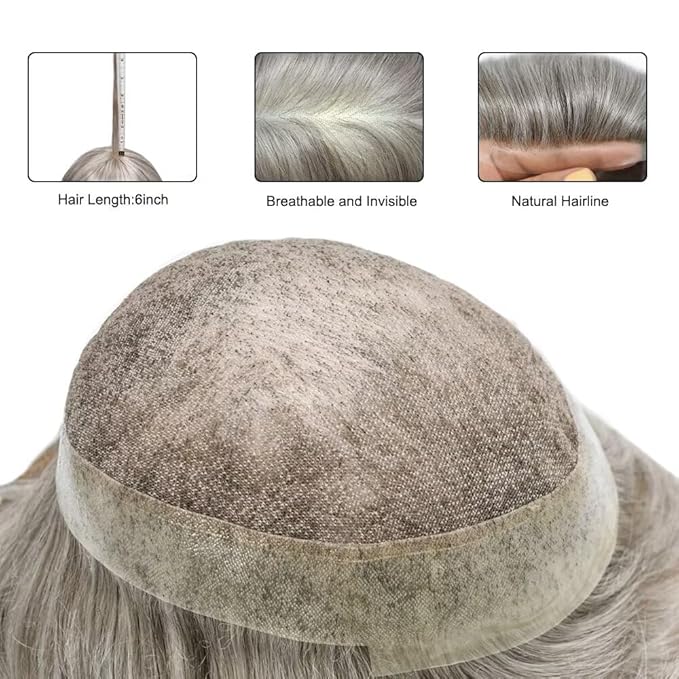 Toupee for Men French Lace Human Hair Replacement Systems Lace Center with Poly Around Hair Piece Mens Toupee Hair Units for Man V-Looped Front Male Hair Units 6"X9" #580