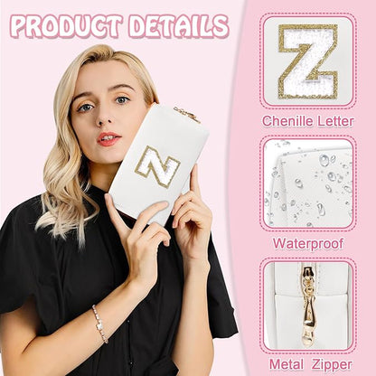 Small Initial Preppy Makeup Bag, Personalized Cute White Cosmetic Organizer Chenille Letter Travel Toiletry Zipper Pouch, Waterproof PU Leather Make Up Case Preppy Stuff for Women Teacher(Letter Z)