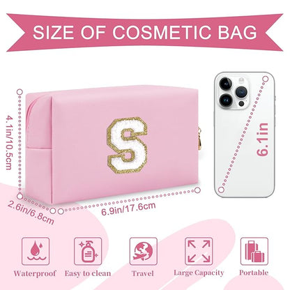 Personalized Initial A-Z Preppy Patch Makeup Bag,Small PU Chenille Letter Cosmetic Bag with Zipper for Teen Girls,Pink Cute Toiletry Organizer Bag,Monogram Makeup Case Gift for Women Girls,Letter S