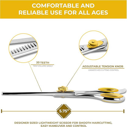 SHARF Gold Touch Barber 5.75 Inch, 20-Tooth Professional Thinning Shears 440c Japanese Stainless Steel Barber Scissors For Men and Women