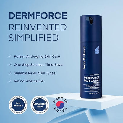 TEREZ & HONOR 6-In-1 Face Cream for Men: Korean Dermforce Anti-Aging Moisturizer Cream with Niacinamide & Bakuchiol - Reduces Wrinkles, Dark Spots, Eye Bags & Puffiness - K-Beauty Gift for Men 2.8oz