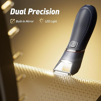 Body Hair Trimmer for Men: Pubic Hair Trimmer with Mirror & LED Light - Electric Ball Shavers with Ceramic Blades & Travel Lock - Body Groomer IPX7 Waterproof Wet or Dry Use for Groin/Legs/Chest
