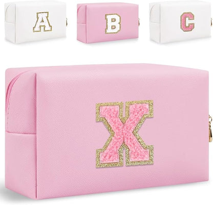 Small Personalized Glitter Initial Letter Makeup Bag, Cute PU Leather Chenille Letters Cosmetic Bag Travel Makeup Pouch, Preppy Travel Organizer Zipper Pouch for Women&Girls（PinkPink-X）