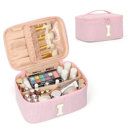 OCHEAL Makeup Bag for Women, Monogram Cosmetic Bag with Brush Holder, Pink Travel Makeup Case Beauty Toiletry Bag Organizer Personalized Gifts for Girls Bridesmaid, Sister, Wife, Friends Initial I