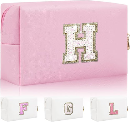 Personalized Initial Makeup Bag, Small Glitter Letter Patch Cosmetic Pouch Zipper, Preppy Makeup Organizer PU Waterproof Travel Toiletry Bag,Monogrammed Birthday Gift for Women Girls(Letter H)
