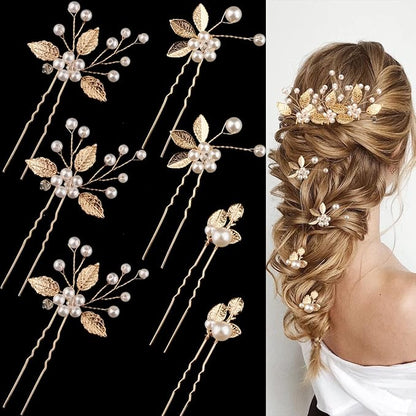 7 Pieces Gold Leaf Pearl Hair Pins with Flower Headpiece - Vintage Styling Accessories for Brides, Bridesmaids, and Girls