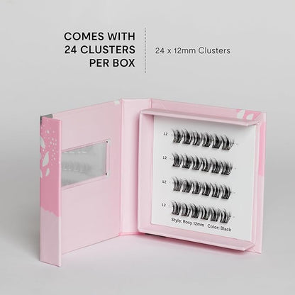 Silly George Single-Size Pop-On Lashes - DIY 1-Step Pre-Glued Faux Eyelash Cluster Kit, Natural Look Extensions, Pack of 24 Individual Clusters, Black - Rosy, 12mm
