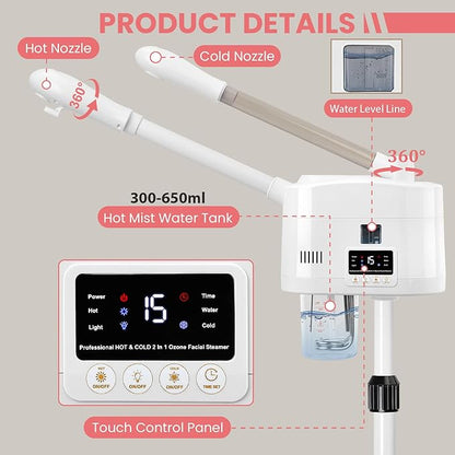 2 in 1 Hot and Cold Facial Steamer,Professional Face Steamer on Wheels for Beauty Salon, Spa or Home Use