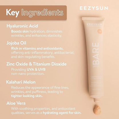 BARE Tinted Sunscreen SPF 50 – Non-Greasy, Water-Resistant, Vegan & Reef-Safe with Hyaluronic Acid & Jojoba Oil – 1.69 fl oz – Light