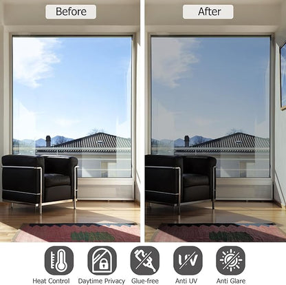 HIDBEA One Way Privacy Window Film, Daytime Privacy Sun Blocking Anti UV Reflective Window Film Heat Control Static Cling Window Tint Film for Home and Office, Silver, 17.5 x 78.7 Inch