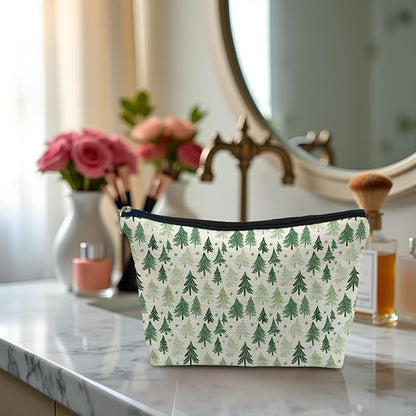 Forest Green Christmas Tree Makeup Bag, Rustic Pine Tree Cosmetic Bags Gifts for Women, Winter Christmas Portable Travel Toiletry Bag Zipper Makeup Pouch