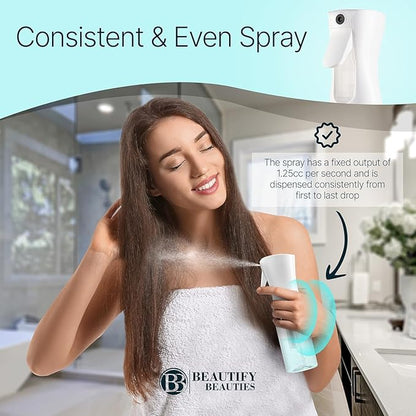 BeautifyBeauties Hair Spray Bottle – Ultra Fine Continuous Water Mister for Hairstyling, Cleaning, Plants, Misting & Skin Care (White, 10.1 Ounces)