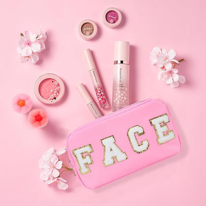 4 Pcs Nylon Cosmetic Bags Travel Organizer Chenille Letter Makeup Pouch Zipper Preppy Waterproof Hair Bag Toiletry Pouch for Women Girls Pinks