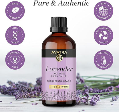 Avatra Lavender Essential Oil 100ML (3.38 OZ) with Glass Dropper and Travel Bottle, Pure and Natural Therapeutic Grade Lavender Oil for Diffuser, Aromatherapy, Massage, and DIY Candle Products