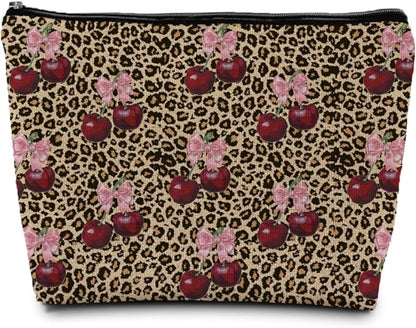 Leopard Print Cherry Makeup Bag, Coquette Preppy Pink Bow Cherry Cosmetic Bags Gifts for Women, Funky Y2k Cheetah Print Portable Travel Toiletry Bag Zipper Makeup Pouch