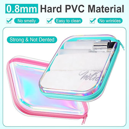 Hoolerry 3 Pcs Clear Hard Zipper Case Plastic Pouch Transparent Hard Case Clear Makeup Bag Portable Travel Organizer Bin for Cosmetics, Building Blocks, Puzzles(Laser,M)
