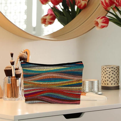 70s Retro Colorful Wavy Makeup Organizer, Vintage Aesthetic Women's Makeup Bag