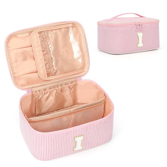 OCHEAL Makeup Bag for Women, Monogram Cosmetic Bag with Brush Holder, Pink Travel Makeup Case Beauty Toiletry Bag Organizer Personalized Gifts for Girls Bridesmaid, Sister, Wife, Friends Initial I