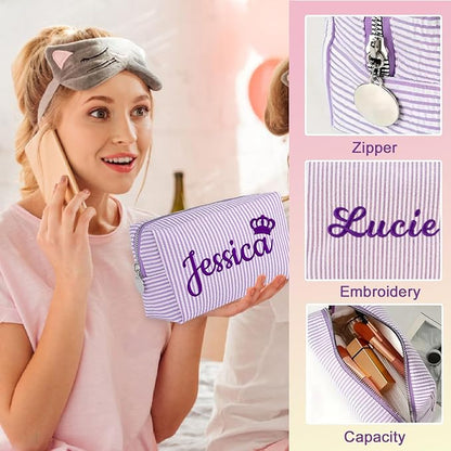 Personalized Seersucker Makeup Bag with Embroidered Name&Birth Flower,Custom Small Travel Cosmetic Bag Toiletry Bag Wedding Gifts for Bridesmaid Bride (4-Makeup Bag with Crown)