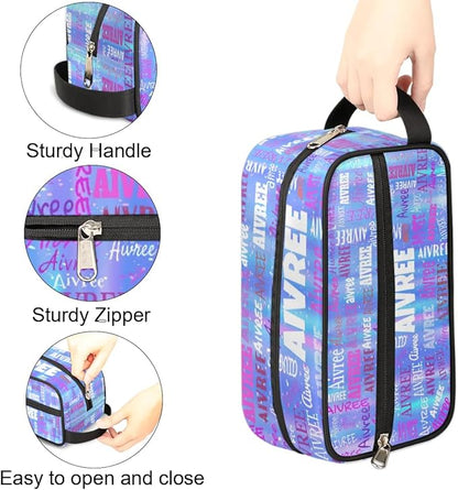 Custom Makeup Toiletry Bag, Personalized Travel Cosmetic Organizer Case Portable Bag with Zipper, Gradient Blue Color Striped Background