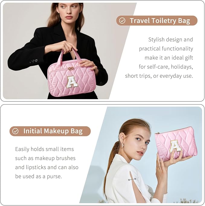YOOLIFE Hanging Toiletry Bag for Women - Large Travel Toiletry Bag Makeup Bag, Portable Toiletries Cosmetic Bag, Airplane Travel Essentials - Letter N, Pink