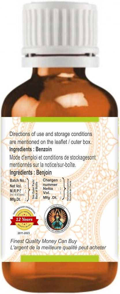 Greenwood Essential Benzoin Essential Oil (Styrax Benzoin) Pure | Viscous Texture | Rich Aroma | Unisex | All Skin Types |Natural Extract Steam Distilled 50ml (1.69 oz)