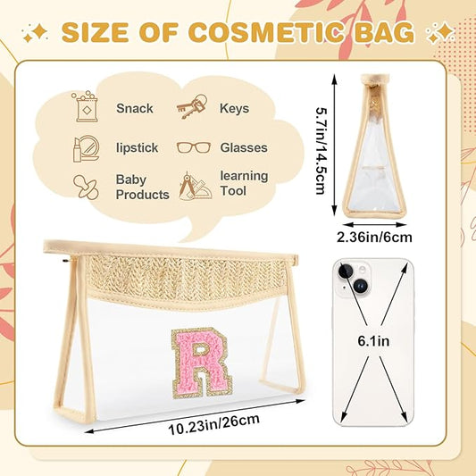Small Boho Straw Initial Letter Makeup Bag Personalized Gift ,Cute Clear Chenille Patch Makeup Bag With Zipper,Trendy TSA Approved Travel Toiletry Bag,Gift for Women Girls Birthday Friend, Letter R