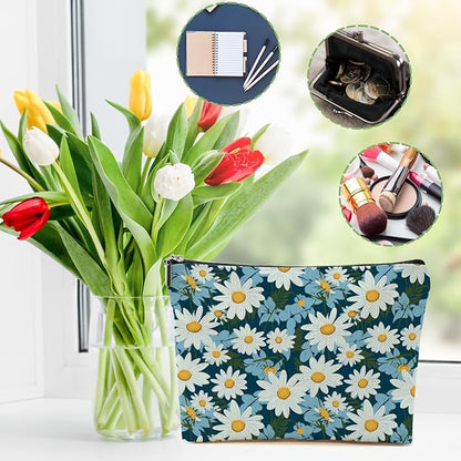 4 Packs Daisy Flowers Makeup Bag Daisy Gifts Floral Wildflower Cosmetic Bag Friend Friendship Gifts for Women Girls Sister Botanical Travel Organizer Zipper Pouch Christmas Thanksgiving Birthday Gift