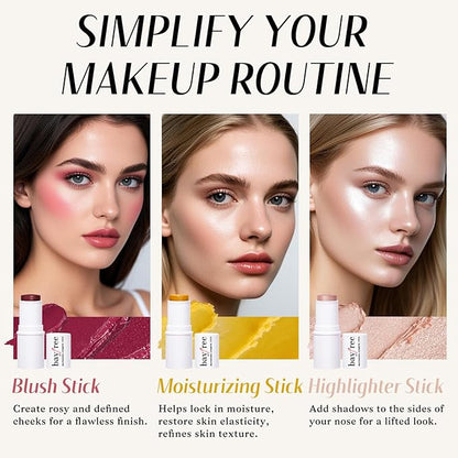 KIMUSE Face Sticks Trio, Cream Blush Stick & Highlighter Stick & Contour Stick for Sculpt the Cheeks, Long Lasting Cream Contour Stick Trio for Face Makeup, with Brush