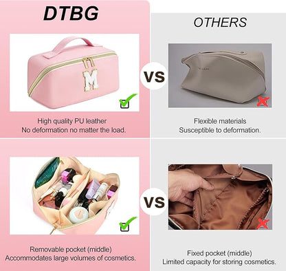 for Christmas Day Gifts, Makeup Bag for Women, PU Leather Travel Toiletry Bags, Initial Make Up Cosmetic Pouch for Teen Girls, Wide Open Portable Skincare Bag, Personalized Birthday Gifts, Pink I