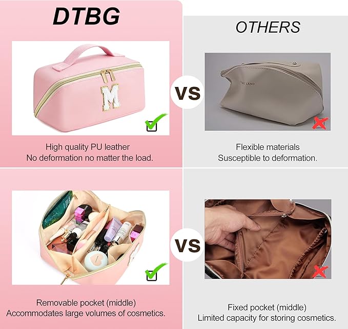 for Christmas Day Gifts, Makeup Bag for Women, PU Leather Travel Toiletry Bags, Initial Make Up Cosmetic Pouch for Teen Girls, Wide Open Portable Skincare Bag, Personalized Birthday Gifts, Pink E