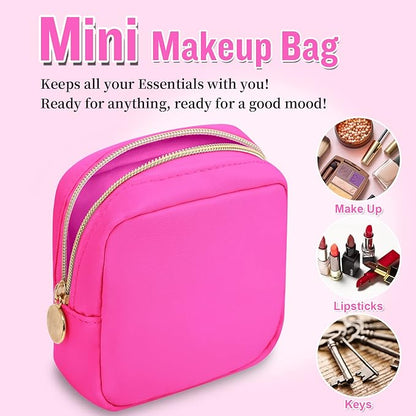 Nylon Mini Makeup Bag for Purse, Preppy Small Cute Makeup Bag Cosmetic Zipper Pouch Purse, Waterproof Travel Coin Pouch Sanitary Napkin Storage Bag Clutch Make Up Organizer for Women Girls(Hot Pink)