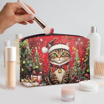 COEQINE Christmas Tree Cat Cosmetic Bag for Women Leather Waterproof Phone Pouch Travel Makeup Bag Large Capacity Waterproof Portable Wallet Handbags with Zipper Ladies Xmas Gifts